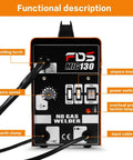 Front view of Compact 110V MIG 130 Flux Core Welder No Gas Welding Machine control panel with labeled features for easy DIY projects.