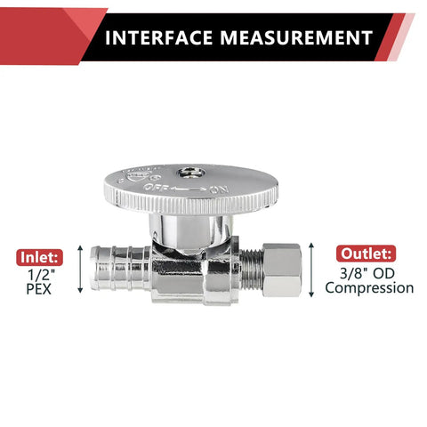 Pack Of Ten Quarter Turn Straight Stop Valves For PEX Tubing Three Eighths Inch OD Compression To One Half Inch Crimp Barb Brass Chrome Lead Free