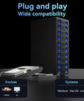 No Sweat Storage Beast 10 Bay Aluminum Desktop Raid Enclosure With Active Cooling Fan, showing HDDs compatibility with PC and Mac systems.