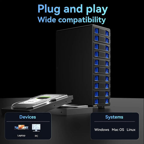 No Sweat Storage Beast 10 Bay Aluminum Desktop Raid Enclosure With Active Cooling Fan, showing HDDs compatibility with PC and Mac systems.