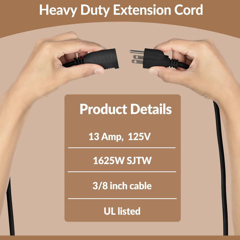 Heavy Duty Extension Cord And Power Cable For Indoor Outdoor Use, hands holding ends of black 30 ft SJTW cable