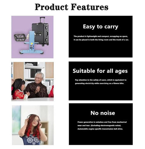 Product features for Pedal Powered 100W Portable Generator With Hand Crank, including compact design, safety, and noiseless operation.
