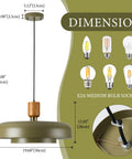 Mid Century Pendant Light 19 Inch Chandelier Featuring Bold Deep Green Shades Paired With Sleek Natural Wood And Polished Brass Accents dimensions and E26 socket.