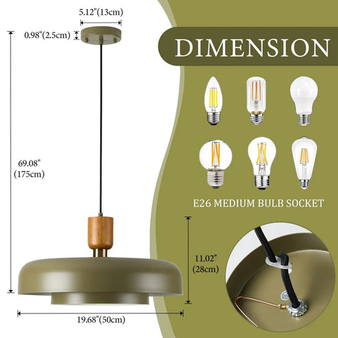 Mid Century Pendant Light 19 Inch Chandelier Featuring Bold Deep Green Shades Paired With Sleek Natural Wood And Polished Brass Accents dimensions and E26 socket.