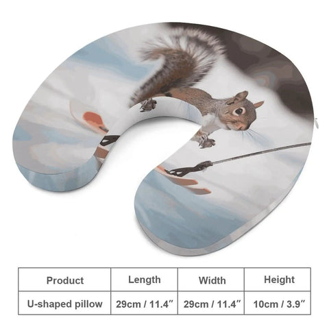 Skiing Squirrel Travel Pillow For Neck Support U Shaped Napping Cushion with printed skiing squirrel design; memory foam