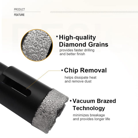 Close-up of Six-Piece Diamond Core Drill Bit Set For Porcelain Tile Granite Marble And Stone Brick Vacuum Brazed Hole Saws