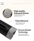 Close-up of diamond core drill bit showing high-quality diamond grains, chip removal feature, and vacuum brazed technology.