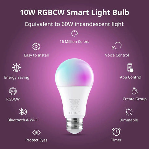 10W RGBCW Smart LED Light Bulb Color Changing Dimmable WiFi Bluetooth Bulb Works With Alexa And Google Assistant Four Pack