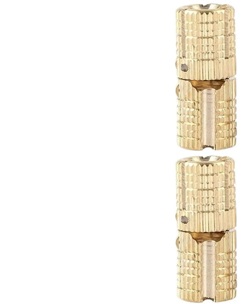 Close-up of Eight Piece Solid Brass Folding Barrel Hinges Set For Cabinets And Furniture, Invisible Hinge Style, M14MM Finish