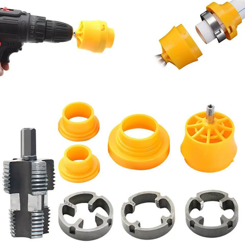 Khbyt Electric Drill PVC Pipe Threader Kit with 3 ABS dies, featuring yellow tap dies and a metal threading tool.