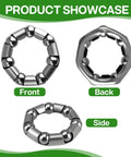 Front, back, and side view of 12 Piece Bike Wheel Ball Bearings And Retainer Cages Set In Three Sizes for Front And Rear Hubs