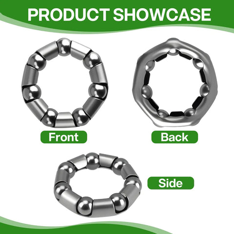 Front, back, and side view of 12 Piece Bike Wheel Ball Bearings And Retainer Cages Set In Three Sizes for Front And Rear Hubs