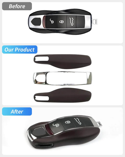 Marsala Red Leather Ride Ready Key Fob Cover For Porsche Macan Panamera 911 Cayenne before and after comparison