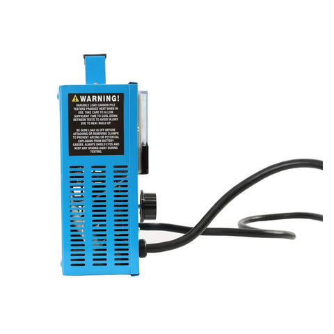 Side view of blue 500 Amp 12V Battery Load Tester With Carbon Pile Voltage Meter Regulator And Alternator Test tool with cables
