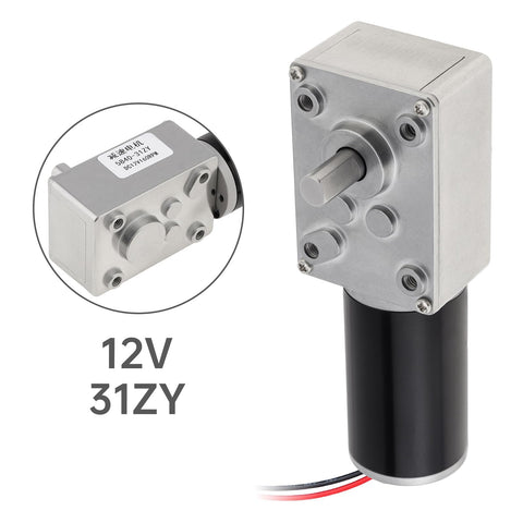 12V DC Worm Gear Motor 12 RPM Self Locking Mini Gearbox With Bracket shown with stainless steel build and D-shaped output shaft