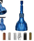 Blue titanium-coated countersink chamfer tool with knurled handle; six assorted screws shown below