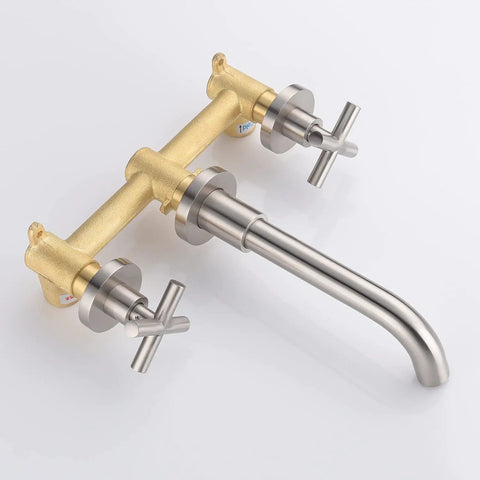 Wall Mounted Bathroom Sink Faucet With 360 Degree Rotating Nozzle, Dual Cross Handles, Thick Valve, Brushed Nickel Finish, Solid Brass Construction Built To Last, Concealed Hot Cold Mixer Valve For Easy Install