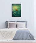 Framed Man Rowing Boat In Ocean Canvas Print Poster Art For Living Room And Apartment Decor Dope Contemporary Wall Decor With Black Frame 16 By 24 Inches Vibrant Modern Home Vibe, displayed above a bed in a bedroom setting.