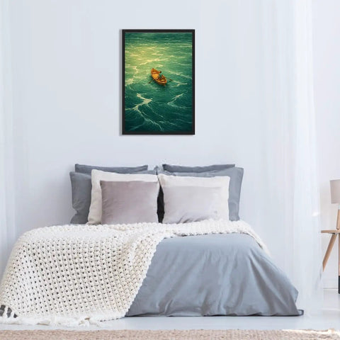 Framed Man Rowing Boat In Ocean Canvas Print Poster Art For Living Room And Apartment Decor Dope Contemporary Wall Decor With Black Frame 16 By 24 Inches Vibrant Modern Home Vibe, displayed above a bed in a bedroom setting.