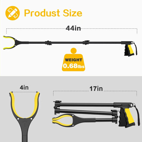 44-inch foldable grabber reacher with yellow jaw and black handle; 4-inch claw opening, Amazon drugstore product.