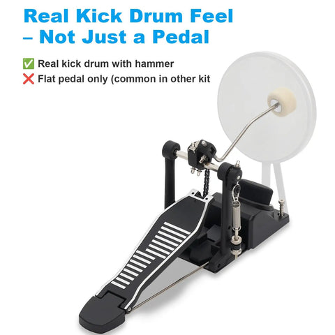 Electric Drum Set For Beginners With Kick Hammer Pedal displaying the kick pedal and beat hammer mechanism.