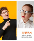 Two Pack Photochromic Reading Sunglasses for Men and Women with 1.5 Diopter Magnification worn by models, showing clear indoor use.