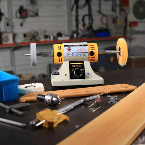 Adjustable Speed Polishing Machine For Jewelry Making, Woodworking And DIY Projects on a workbench in a studio
