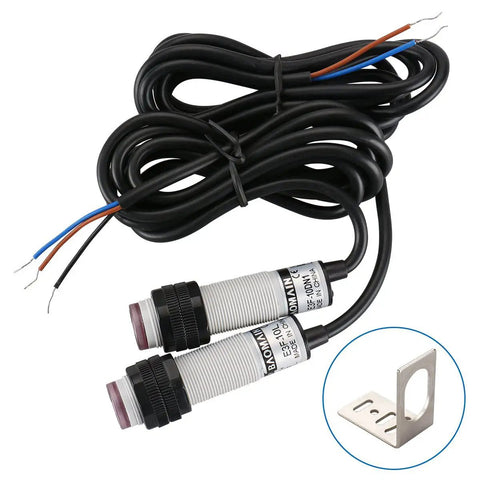 M18 Infrared Through Beam Photoelectric Sensor Switch with 4-wire cable and mounting bracket, rugged for shop floor, NPN NO NC DC 10-30V.