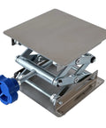Stainless steel lab jack stand with scissor lift and blue adjustment knob, 4x4 in platform