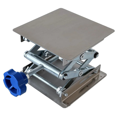 Stainless steel lab jack stand with scissor lift and blue adjustment knob, 4x4 in platform
