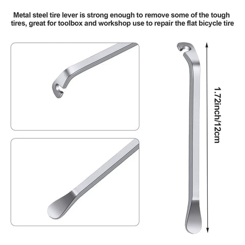 Close-up view of metal tire lever from Six Piece Bicycle Spoke Tool Kit With Tire Lever For On The Go Bike Repair, 12cm size, shown from two angles