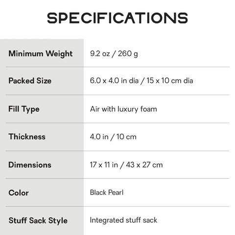 Specifications for Fillo Backpacking And Camping Pillow With Integrated Stuff Sack Lightweight 3 Inch I Beam Air Cell Black Pearl