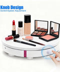 360 Electric Turntable Rotating Display Stand With Knob Control USB Power Base For Jewelry Shoes And Glitter Cups Shooting White 16 inch with cosmetics.