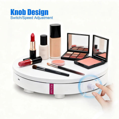 360 Electric Turntable Rotating Display Stand With Knob Control USB Power Base For Jewelry Shoes And Glitter Cups Shooting White 16 inch with cosmetics.