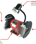8 Inch Bench Grinder With Dual Grinding Wheels 36 And 60 Grit Built In Bright Work Light Spark Guard And Adjustable Eye Shield Sturdy Cast Iron Base Mounting Holes And Rubber Feet For Stable Home Workshop