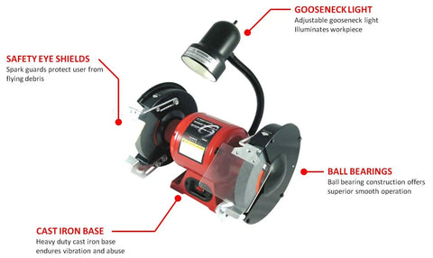8 Inch Bench Grinder With Dual Grinding Wheels 36 And 60 Grit Built In Bright Work Light Spark Guard And Adjustable Eye Shield Sturdy Cast Iron Base Mounting Holes And Rubber Feet For Stable Home Workshop