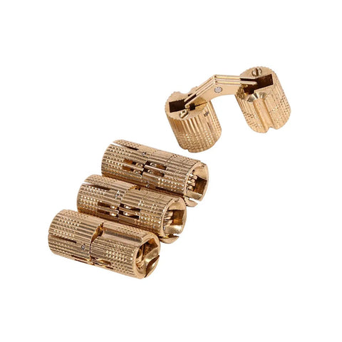 Slick 4 Pack Hidden Brass Barrel Hinges For Cabinets, Concealed 180 Degree Opening, 12mm Fit, Durable Polished Brass Hardware