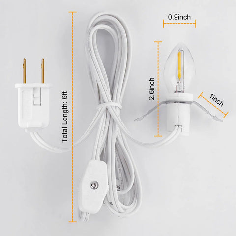 Versatile 6 Foot LED Accessory Cord with On Off Switch for Night Lights and Holiday Decor C7 Bulb 2 Pack dimensions shown