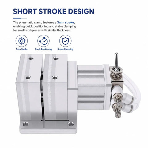 Pneumatic Clamp Workholding Fixture For CNC Machining With Automatic Loadin And Unloadin, 40kg Holding Force At 0.5 MPa, Compact Vise For Fast, Secure Workpiece Clamping In Any Shop, 3mm stroke, aluminum body