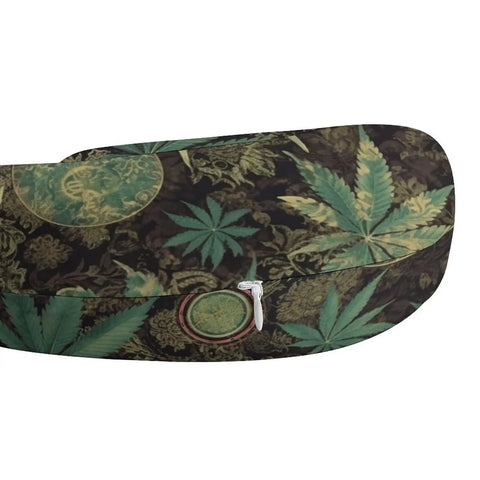 Close-up of A Puff In Time Weed Marijuana Travel Pillow U Shape Memory Foam Neck Support with green leaves pattern and zippered cover