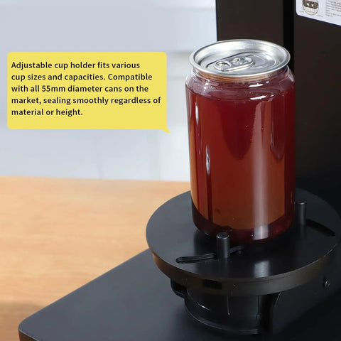 Pro Grade Automatic Soda Can Sealer For Aluminum And Plastic Cans With Touch Screen Operation, sealing a can in holder.