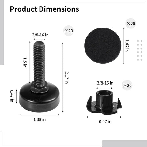 Product dimensions of 20 Pack Furniture Leg Levelers Set With 3/8-16 Threaded Adjustable Feet, Felt Pads, and T Nuts