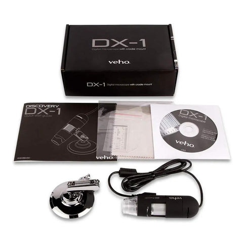 USB Digital Microscope With 2 MP HD CMOS Lens, 1920x1080 Video, 100x To 200x Magnification, Photo And Video Capture, Adjustable Stand, LED Lighting, MicroCapture Software, Windows And Mac Compatible boxed kit with cable, cradle mount, disc, and guide