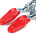 Close-up of Hardcore Toggle Clamp With 400 Lb Holding Capacity And Quick Release Lever for Woodworking, red ergonomic handle grips.