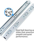 11 Inch Full Extension Ball Bearing Drawer Slides Three Section Side Mounted For Cabinets Kitchens And Furniture Smooth Glide Silver Finish Pro Grade Two Pack Durable Cold Rolled Steel Anti Rust Quick Disconnect Lever For Easy Removal, steel rails