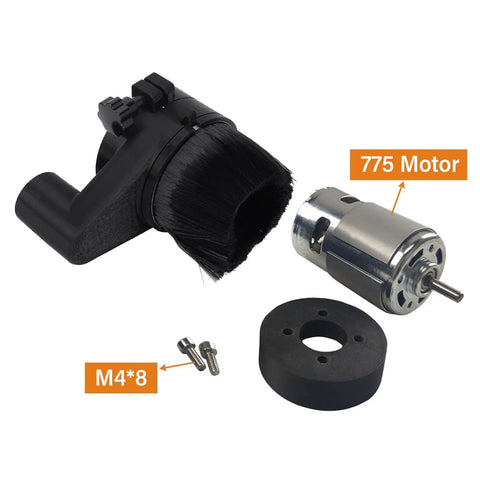 Dust Shoe Cover For 80mm CNC Spindle Up To 2.2kW With Brush Vacuum Attachment, showing components including 775 motor and screws.