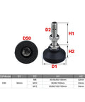 Adjustable Leveling Feet Set 5 Pieces For Furniture Legs 50mm Diameter Threaded Levelers Built To Last Premium Aluminum Alloy dimensions chart