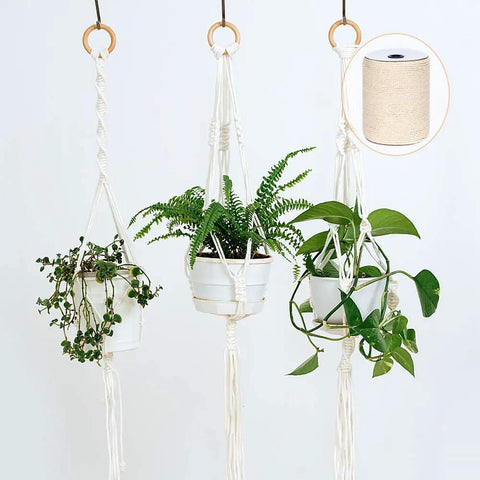 Hanging plants in macrame using 4mm Natural Cotton Macrame Rope Twisted 3-Strand Cord, 328 Yards, spool visible