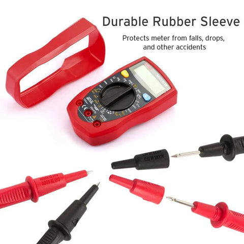 Must Have Digital Multimeter For Home And Auto Use, AC DC Voltage Tester With Continuity, Resistance, Diode Test, Amp And Ohm Meter, Red MSR R500 with accessories displayed including durable rubber sleeve and probes