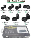 Assorted rubber grommets kit for automotive wiring, 170 pcs, 0.25 to 1 inch sizes, durable elastic rubber, includes case